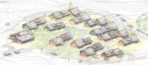 Sketch of community layout. Actual homes will have optional porches, dormers, skylights, and end windows selected by the original home buyers. Those shown are for illustration only. Buildings and improvements shown NEED NOT BE BUILT.